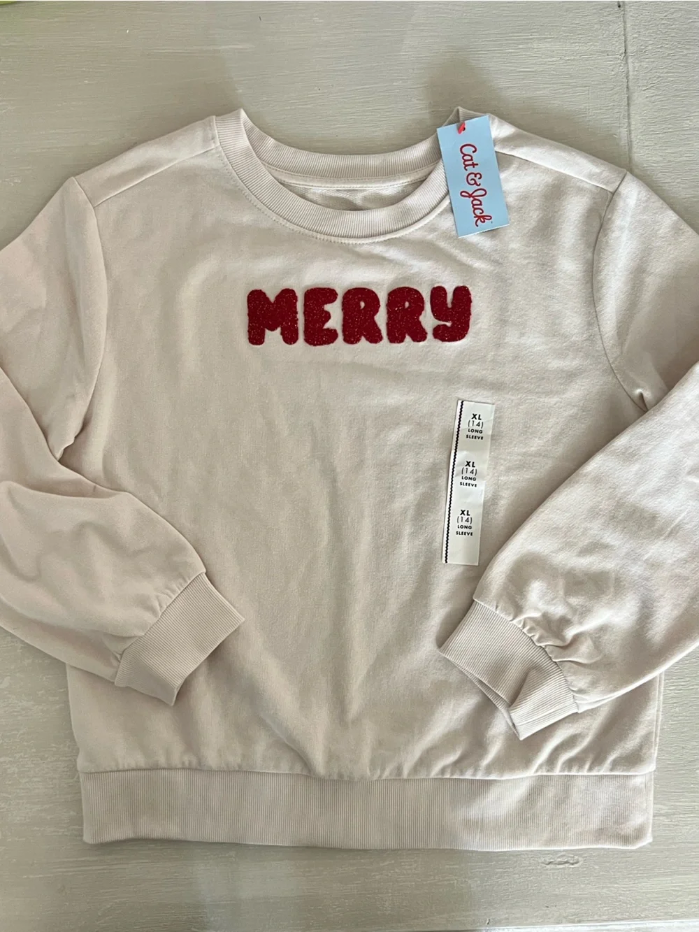 NWT Cat & Jack Girls MERRY Sweatshirt Cream Red XL 14 Christmas Holiday
